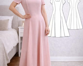 PDF Flared Dress Sewing Pattern, Midi Dress Short Sleeve Dress, Princess Square Neck Dress Digital Sewing Pattern, Maxi Dress Patternered
