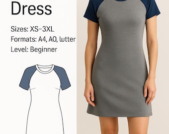 Raglan Sleeve A line Dress PDF Sewing Pattern, PDF Sewing Pattern  Knit Dress, Short Sleeve Tunic Dress Digital Pattern Sewing Pattern Women