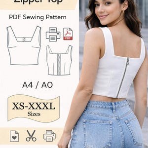 Wzór na top bez rękawów w formacie PDF, cyfrowy wzór na top z krótkim rękawem, wzór na top bez rękawów w formacie PDF, wzór na bluzkę, wzór na top bez rękawów w formacie PDF