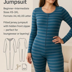 PDF Jumpsuit Sewing Pattern, Raglan Sleeve Knit Fabric Jumpsuit, Zip up Jumpsuit Pattern for Women, How to sew jumpsuit, Romper PDF Pattern
