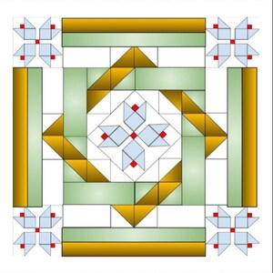 Pode incluir: Um padr&atilde;o de bloco de colcha com um desenho central de quatro estrelas brancas de quatro pontas com centros vermelhos, rodeado por um padr&atilde;o geom&eacute;trico verde e dourado. O bloco &eacute; emoldurado por uma borda xadrez vermelha e branca.