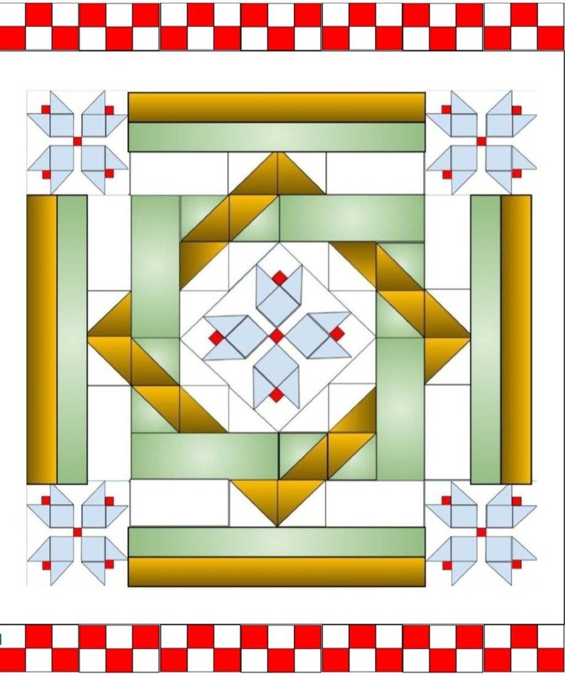 Pode incluir: Um padr&atilde;o de bloco de colcha com um desenho central de quatro estrelas brancas de quatro pontas com centros vermelhos, rodeado por um padr&atilde;o geom&eacute;trico verde e dourado. O bloco &eacute; emoldurado por uma borda xadrez vermelha e branca.