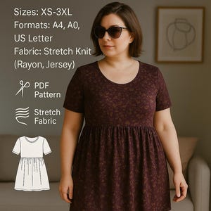 PDF Gathered Tunic Dress Sewing Pattern, Knit Top Pattern for Women, Short Sleeve Tee Sewing Pattern, Top Sewing Pattern PDF Blouse Pattern