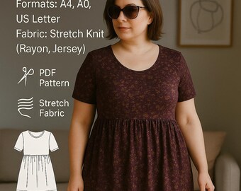 PDF Gathered Tunic Dress Sewing Pattern, Knit Top Pattern for Women, Short Sleeve Tee Sewing Pattern, Top Sewing Pattern PDF Blouse Pattern