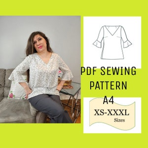 V neck Ruffle Sleeve Top PDF Sewing Pattern, Summer Comfy Top, PDF Sewing Pattern,  Circle Sleeve Pattern. Blouse Pattern, Patternered Top