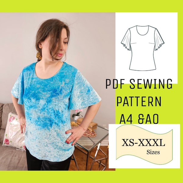 PDF Top pattern/ PDF Sewing Pattern/ Butterfly Sleeve Top Pattern/ Blouse Sewing Pattern , Top Pattern Women, Tee Pattern, Tunic Pattern,Tee