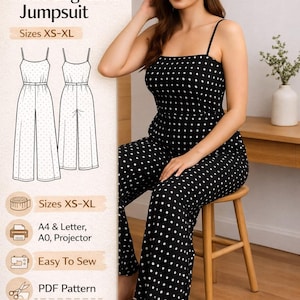 Patrón de costura de mono de verano en PDF, mono de tirantes anchos, mono sin mangas, patrón de costura en PDF, patrón de mono, patrón de pantalón para mujer