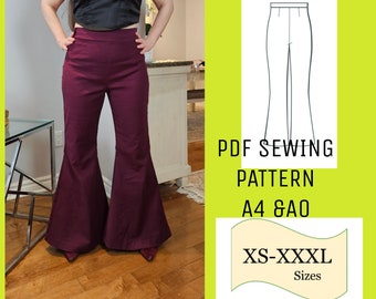 Flare Leg Pants PDF Sewing Pattern, Flared Trousers Patterne, Wide Waistband Flared Pants, Side Zipper Flared Pants Patternered, Bell Pants