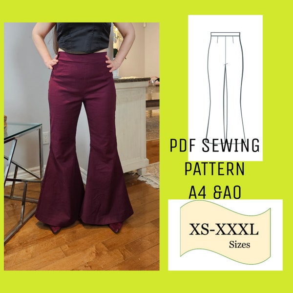 Flare Leg Pants PDF Sewing Pattern, Flared Trousers Pattern, Wide Waistband Flared Pants, Side Zipper Flared Pants PDF Pattern, Bell Pants