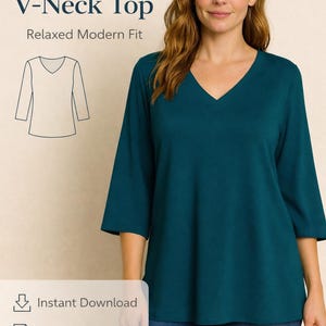 Patron de couture de haut tissé à col en V, manches 3/4 (Patron PDF)