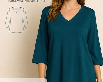Woven V Neck Top Sewing Pattern, 3/4 Sleeve (PDF Pattern)