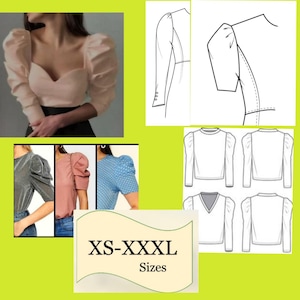 Puede incluir: Una colección de tops de mujer con mangas abullonadas en varios estilos y colores. La imagen incluye un top rosa claro con escote corazón, un top plateado metalizado, un top rosa y un top azul con lunares. También se incluyen dibujos técnicos e información de tallas.