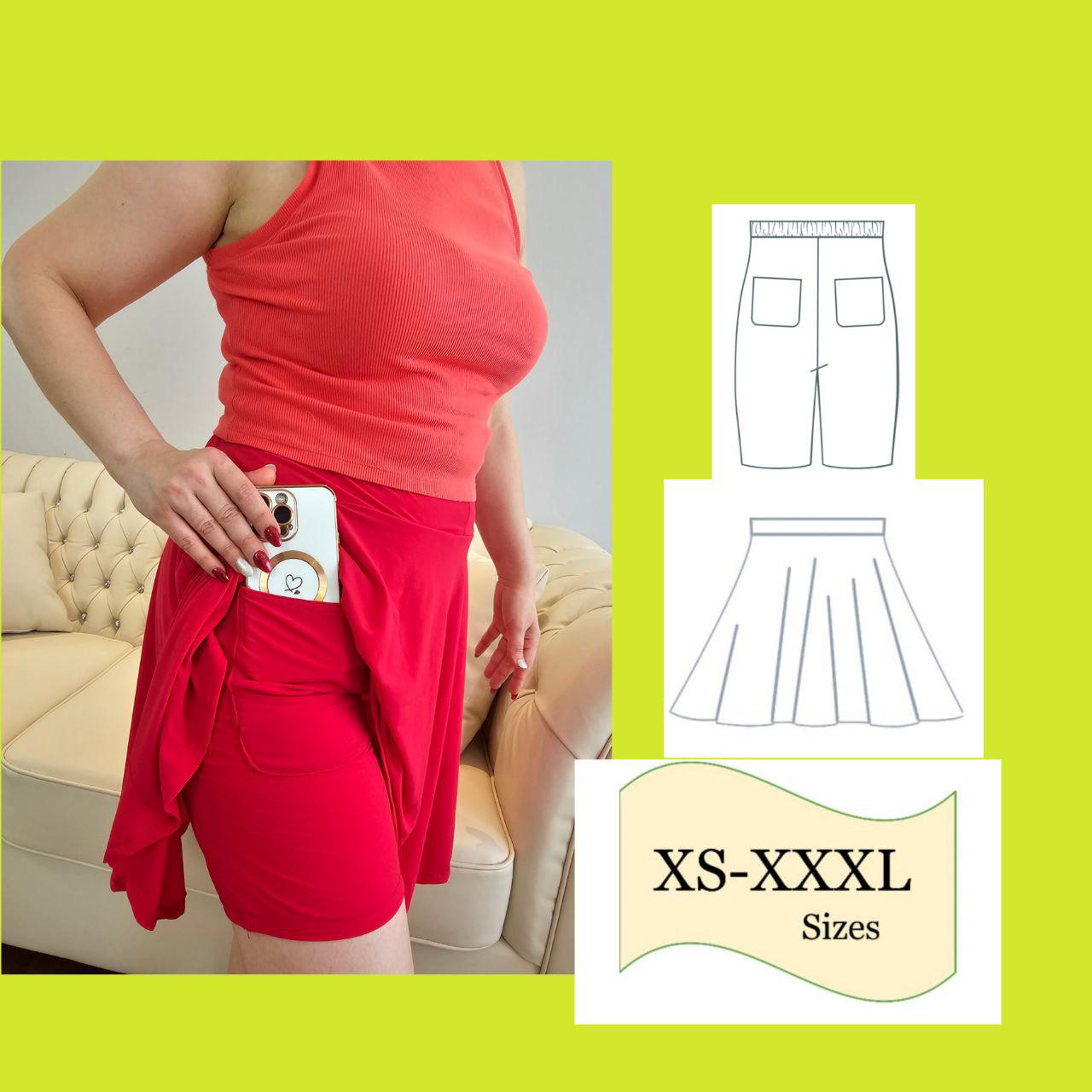 Skirt and Shorts PDF Sewing Pattern, Circle Skirt & Pocket Shorts Digital Pattern, Sport Pattern PDF Knit Fitted Bermuda Shorts Flared Skirt