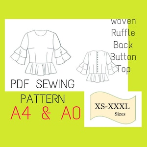 PDF Double Ruffle Sleeve Blouse Pattern, Back Buttoned Ruffle Top PDF Pattern, Digital Sewing Pattern Top, Top Sewing Pattern, Flounce Top
