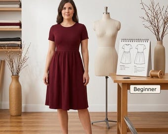 PDF Dress Pattern, Digital Sewing Pattern Knit Fabric. Gathered Dress Pattern, Knit Dress PDF Sewing pattern, Summer Dress PDF, Patternered