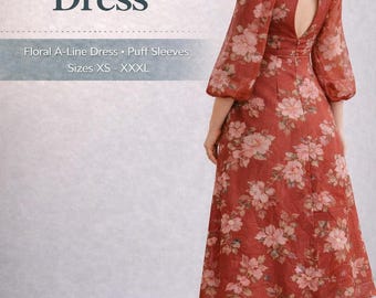 PDF Sewing Dress Pattern, A Line Dress Digital Pattern, Long Puff Sleeve Dress, Back Key Hole Dress PDF Pattern, A0 & A4 PDF Sewing Pattern