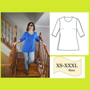 PDF Knit Tunic Sewing Pattern, Top sewing Pattern Tunic Length, Round Neck Top PDF Pattern,  Sewing Pattern Women, Tee Sewing Pattern Easy