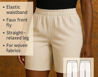 PDF Elastic Shorts Sewing Pattern, Decorative Front Zipper Women Shorts Bermuda Comfy Shorts Pattern Plain Shorts Summer, Bottom Patternered