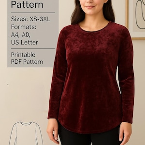 Op de afbeelding: Een vrouw draagt een bordeauxrood fluwelen top met lange mouwen en een zwarte broek. De afbeelding bevat een digitale naaipatroongrafiek met de tekst: "Digital Sewing Pattern, Maten: XS-3XL, Formaten: A4, A0, US Letter, Printable PDF Pattern."