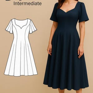 Flared Dress PDF Sewing Pattern, Tea Length PDF Pattern Dress, Princess Dress Pattern, Butterfly Sleeve Dress Pattern, Sewing Pattern Women