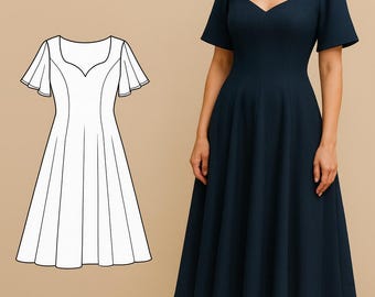 Flared Dress PDF Sewing Pattern, Tea Length PDF Pattern Dress, Princess Dress Pattern, Butterfly Sleeve Dress Pattern, Sewing Pattern Women