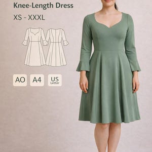 Long sleeve dress PDF sewing pattern, Dress Pattern PDF, Paneled Dress pattern, Sewing Pattern Dress, Ruffle Sleeve Dress Pattern