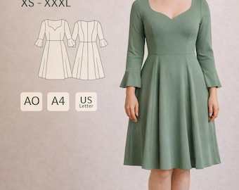 Patrón de costura para vestido de manga larga en PDF, Patrón de vestido en PDF, Patrón de vestido con paneles, Patrón de costura para vestido, Patrón de vestido con mangas con volantes