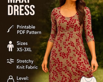 Pdf pattern summer dress, tea length dress, regular 3/4 sleeve pattern, sewing pattern dress, gathered skirt dress pdf pattern