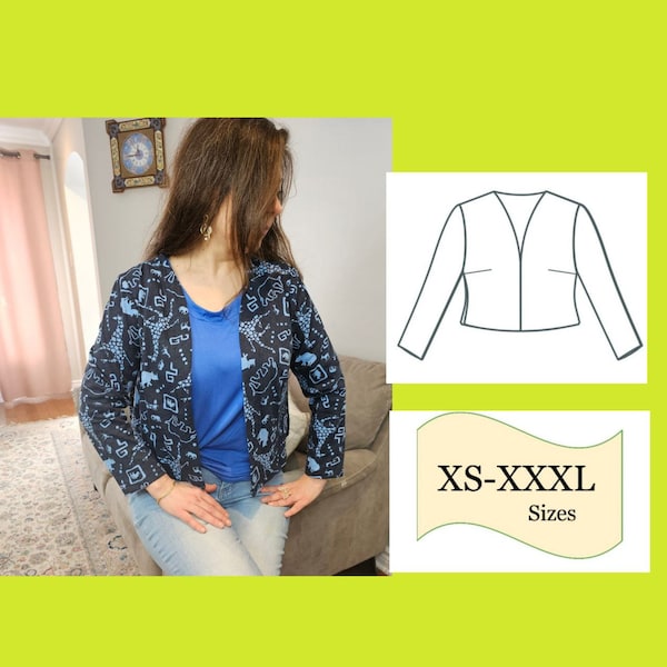 PDF Sewing Pattern Cropped Open Front Top, 3/4 Sleeve Cropped Jacket Pattern, Blouse Pattern Digital Pattern, Cropped Top PDF Pattern, Tunic