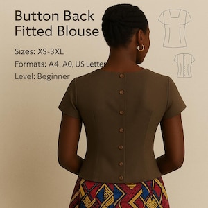 Blusa de manga curta com botões nas costas em PDF, blusa de gola quadrada em tecido, molde digital de blusa em PDF A0 e A4, blusa de verão feminina, top com padrão de costura