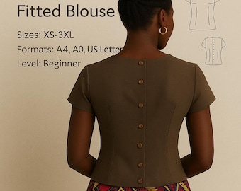 PDF Back Button Kurzarm Top, eckiger Ausschnitt Top gewebt, A0 & A4 PDF Bluse Digital Pattern, Bluse Sommer Top Damen, Top Nähen gemustert