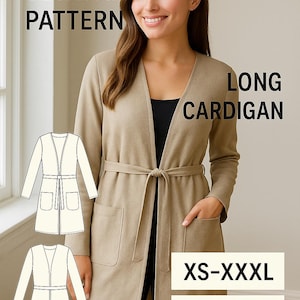 Patrón de vestido abierto en PDF, patrón de costura para vestido con bolsillos, patrón de costura digital para vestido de corte A, patrón de costura para cárdigan abierto con bolsillo de parche en PDF