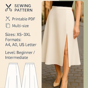 PDF A Line Skirt Sewing Pattern, Front Slit Skirt Pattern, Digital Pattern Skirt, Bottom Sewing Pattern Women, Circle Skirt PDF Pattern