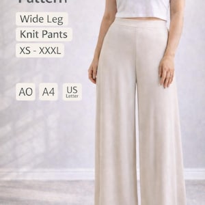 Wzór na spodnie palazzo z dzianiny/szerokie nogawki damskie w formacie PDF, wzór na spodnie letnie, wzór na duże rozmiary, wzór na spodnie, wzór na spodnie