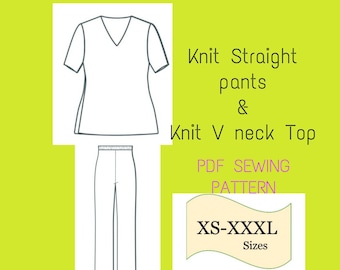 PDF Top and Pants Sewing Pattern, V neck Top & Straight Pants Pattern, Digital Pattern 2 Pieces Set, Short Sleeve Top Pattern with Pants Tee