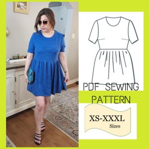 PDF Patrón de costura de vestido túnica reunida, Patrón de blusa de punto para mujer, Patrón de costura de camiseta de manga corta, Patrón de costura superior PDF Patrón de blusa