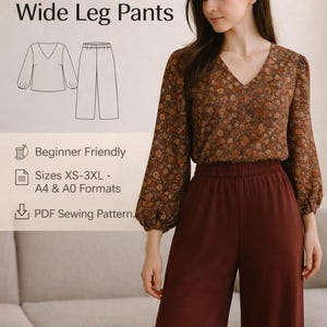 Wzór PDF na 2 części, bluzkę i spodnie z szerokimi nogawkami, cyfrowy wzór na top i spodnie, spodnie i top z szerokimi nogawkami w formacie PDF