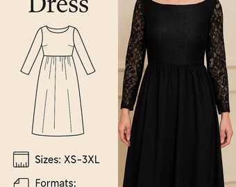 PDF Sewing Dress Pattern, Gathered Boat Neck Full Length Dress Pattern, Maxi Dress Sewing Pattern, Long Sleeve Party Dress PDF Pattern