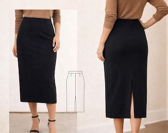 Straight Skirt PDF Sewing Pattern, Back Slit Skirt Digital Sewing Pattern, Tea Length Skirt Woven Pattern, Long Skirt Pattern Women Pattern