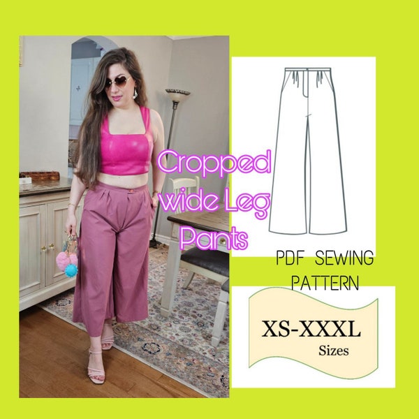 PDF Wide Leg Cropped Pants/ Pants Sewing Pattern/ Pleated Pants With Pockets Sewing Pattern/Cropped Length Pants Pattern, Palazzo Pants PDF