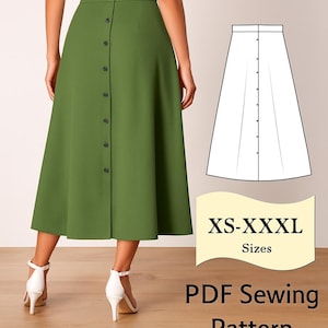 Peut inclure: Jupe verte boutonnée avec une silhouette évasée. La jupe est associée à un haut blanc. Un schéma et le texte « Tailles XS-XXXL » et « Patron de couture PDF » sont également visibles.