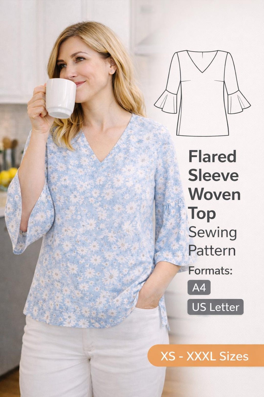 V Neck Ruffle Sleeve Top PDF Sewing Pattern, Summer Comfy Top, PDF ...