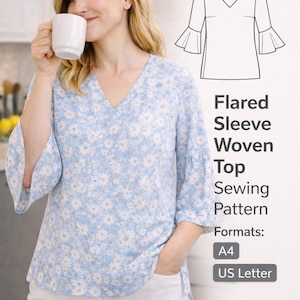 V-Ausschnitt Rüschen Ärmel Top PDF Schnittmuster , Bequemer Sommer Top , PDF Schnittmuster, Circle Sleeve Pattern. Bluse mit Muster, Top gemustert