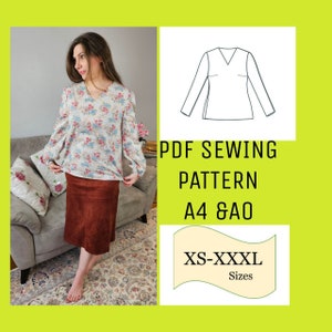 Long Sleeve PDF Sewing Pattern Top, Sewing Pattern Blouse, V Neck Top Sewing Pattern, Lantern Sleeve Blouse PDF Pattern, Shirt Pattern Women