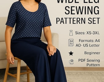 PDF Patron de couture haut et pantalon, patron de haut et pantalon, patron de pantalon large avec col rond, patron de haut, ensemble de 2 pièces patron femme