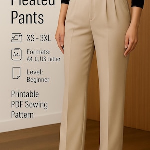 PDF patron de couture pantalon droit pli, patron PDF de pantalon avec poche, patron numérique de pantalon droit, 2 plis devant patron de pantalon