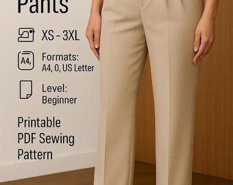 PDF Plicate Straight Pants Sewing Pattern, Pocket Pants PDF Pattern, Straight Pants Digital Pattern, 2 Front plicate Sewing Trousers Pattern