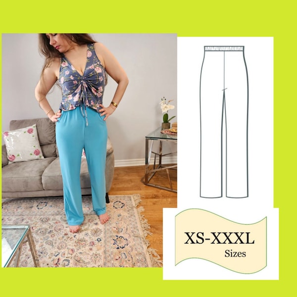 Straight Pants Pattern PDF, Sewing Pattern Elastic Waist Pants, Pants PDF Sewing Pattern, Trousers PDF Sewing Pattern, Comfy Elastic Pants