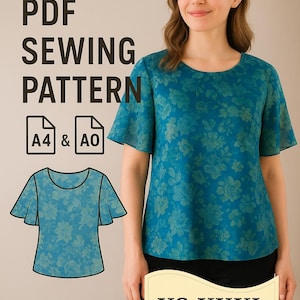 May include: A woman wearing a teal floral print top. The image also features a PDF sewing pattern with the text "PDF SEWING PATTERN" and "Happy Stitches CA". The pattern is available in sizes XS-XXXL.