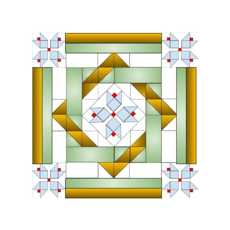 Pode incluir: Um padr&atilde;o de bloco de colcha com um desenho central de quatro flores brancas com centros vermelhos, rodeado por um padr&atilde;o geom&eacute;trico de quadrados e tri&acirc;ngulos dourados e verdes.